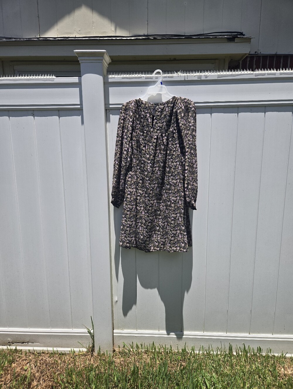 LOFT Black Floral Midi Dress with Sheer Long Sleeves, f